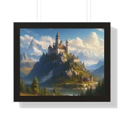 Video Game Fantasy Castle, RPG Valley Framed Poster, Mountain Nature Scene Picture, Open World Style Wall Hanging, Gamer Office Scenery