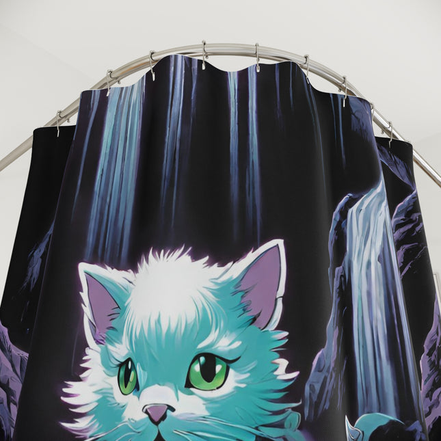 Cat Warrior Shower Curtain, Kitten Cave Explorer, Waterfall Caverns Cat, Mystical Neon Sword