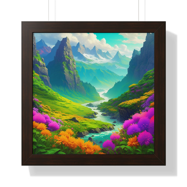 Fantasy Art Flower Mountain Valley, Landscape Framed Poster, Video Game Open World Scene Picture, River Spring Wall Hanging, Office Scenery