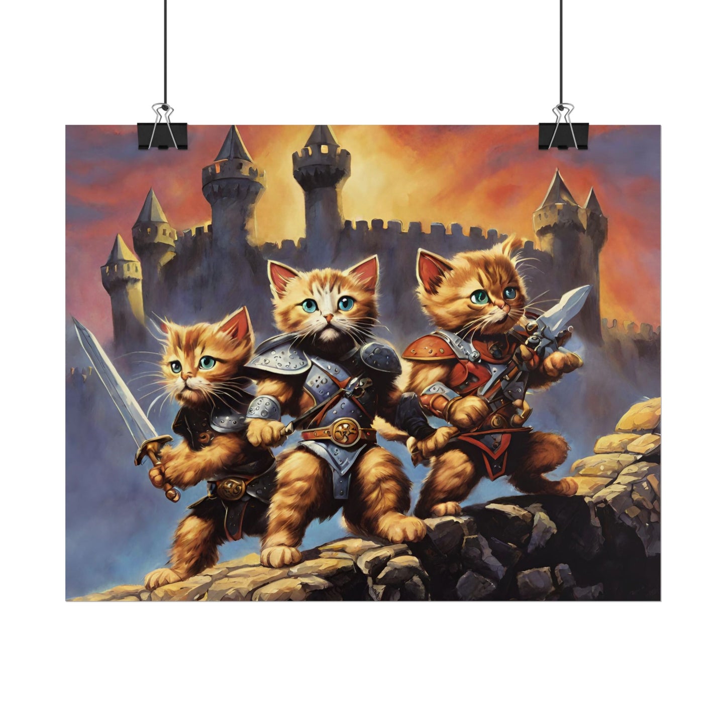 Cat Battler Warrior Poster, Office Bedroom Man Cave Portrait, Sword Wielding Cat Universe, Kitten Fighters Fantasy Wall Hanging