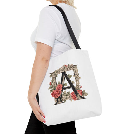 Custom Letter Personalized Tote | Rose Flowered Grocery Travel Bag | Floral Print Roses Office Laptop & Books or Exercise Overnight Carrier
