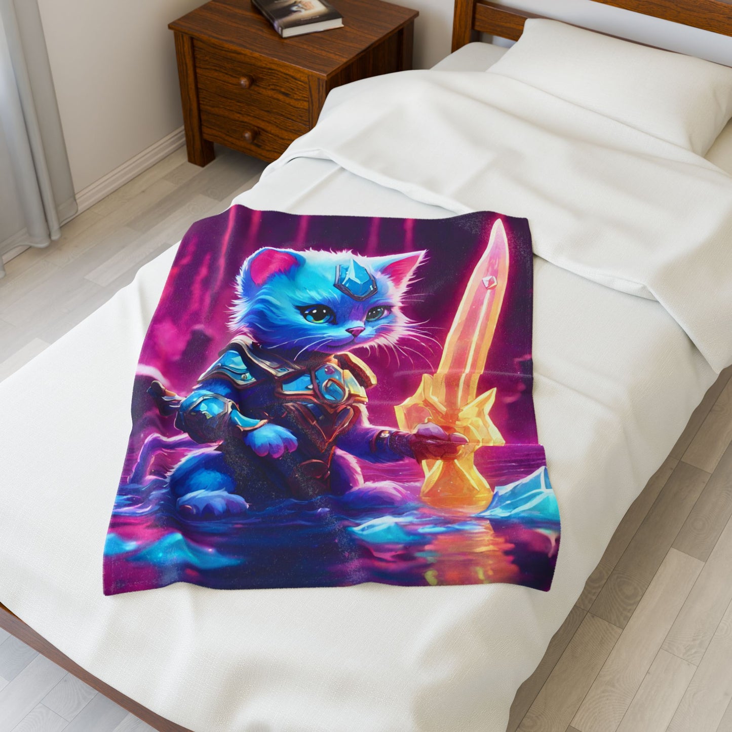 Warrior Cat Crystal Sword Blanket, Glowing Neon Cave Plush Sheet Blanket, Armored Kitten Bed Cover, Shielded Mystic Blade Bedroom Throw