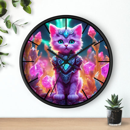 COSMIC CRYSTAL CAT GUARDIAN Wall Clock - Neon Fantasy Cave Decor