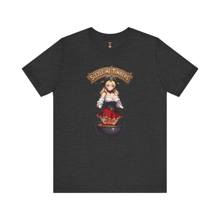 SIZZLE ME TIMBERS T-Shirt Provocative Seductive Sexy Pirate Cartoon Tee