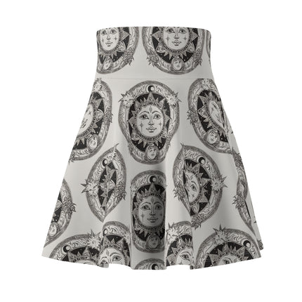 Sun & Moon Solar Wheel Pattern Skater Skirt | Wiccan Witchey Style Women's Summer Wear | Mystic Solar System Star Galaxy Gift