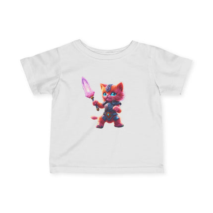 Warrior Cat Infant Gift Shirt, Glowing Sword Orange Kitten Tee, Cute Armor Kitty Short Sleeve Baby Tshirt
