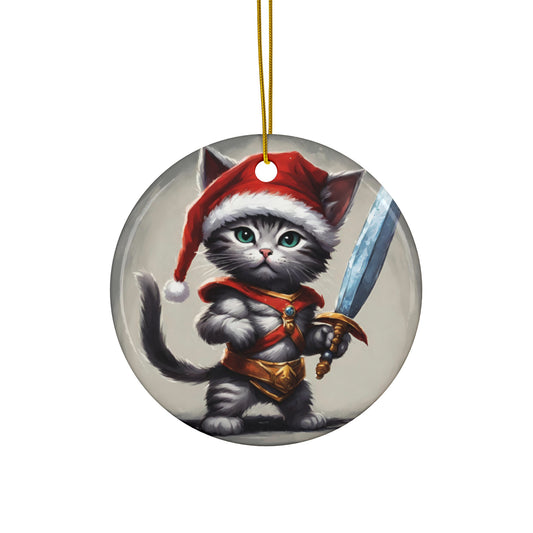 Kitten Christmas Ornament, Holiday Tree Decoration, Adorable Cat Gift, Round Ceramic Keepsake, KITTEN WARRIOR