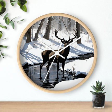 Deer Hunter Wall Art Clock | Winter Creek Big Buck Wall Hanging | Snowy Nature Scenic Home Office Hunting Lovers Gift