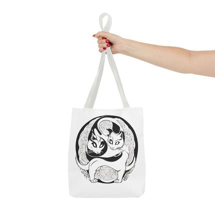 Cat Lovers Tote | Cats Yin Yang Style Grocery Bag | MEOW Chinese Print 2 Sided Office Carry All | School Supplies Kitten Carrier Tote