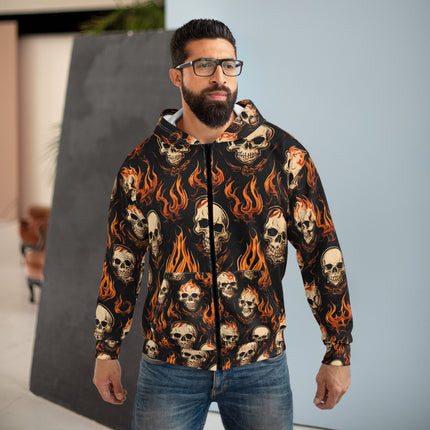 Fire Flames and Skulls Mens or Womens Jacket Hoodie, Hellish Skeletons Biker or Motorcyclist Winter Fleece (AOP)