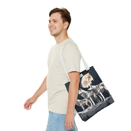 Moon Wolves Tote | Night Sky Mountain Wolf Pack Grocery Bag | Laptop & Book Carrier | Home Office Wooded Wild Dogs Travel Overnight Gift