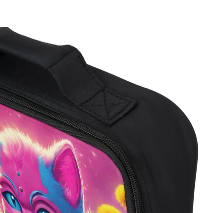 Neon Pink Warrior Cat Lunch Bag Box, Girls Lush Dandelion Flower Field Feline School Tote, Armored Cosmic Furry Kitten Insulated Bag