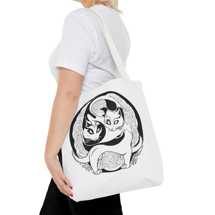 Cat Lovers Tote | Cats Yin Yang Style Grocery Bag | MEOW Chinese Print 2 Sided Office Carry All | School Supplies Kitten Carrier Tote