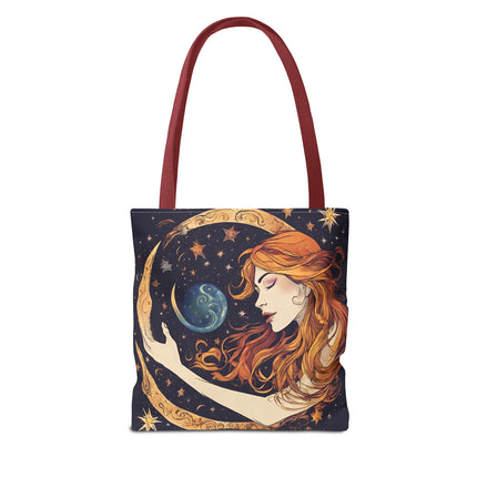 Moon Shaping Goddess Tote | Lunar Stars & Space Astronomy Grocery Bag | Woman Morphing Home Office Laptop Clothing Travel Overnight Gift
