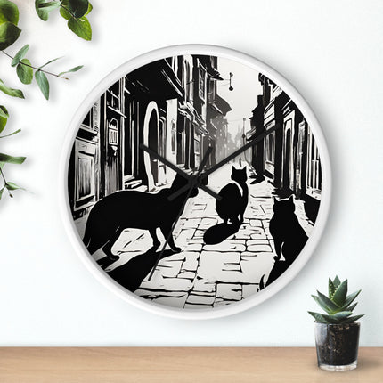 CAT TOWN ALLEYWAY Wall Clock - Vintage Cobblestone Street Cat Decor