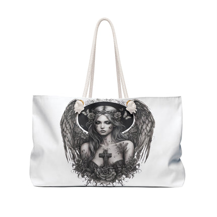 Holy Cross Broken Butterfly Angel Travel Gift Bag, Angelic Fragility Weekend Bag, Mystical Flowered Saint Beauty Tote