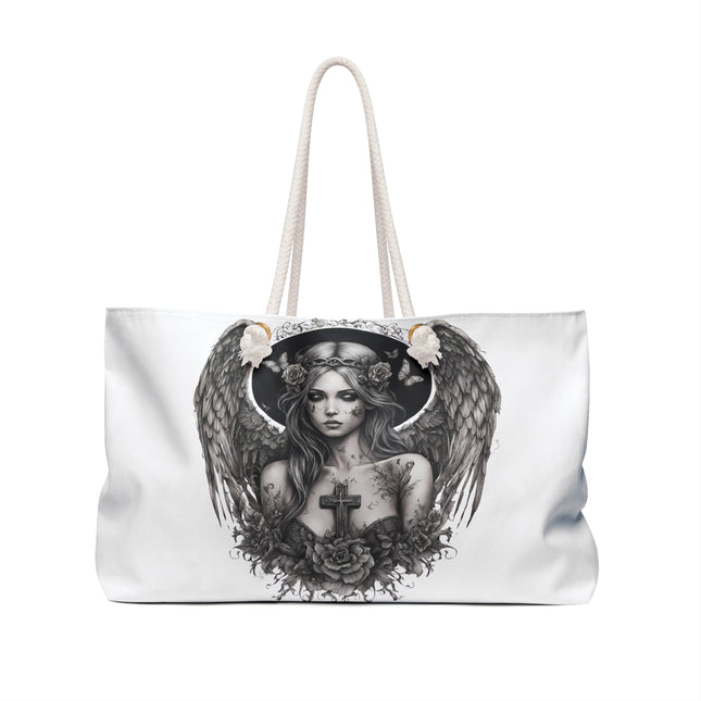 Holy Cross Broken Butterfly Angel Travel Gift Bag, Angelic Fragility Weekend Bag, Mystical Flowered Saint Beauty Tote