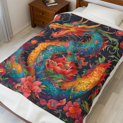 FLOWERED JAPANESE DRAGON BLANKET - Floral Asian Art Plush Throw