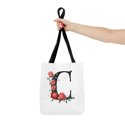 Custom Letter Personalized Tote | Rose Flowered Grocery Travel Bag | Floral Print Roses Office Laptop & Books or Exercise Overnight Carrier