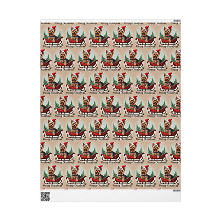 Dog Christmas Wrapping Paper, Yorkshire Terrier Sled Xmas Wrap, Santa Hat Yorkie Gift Wrap, Holiday Gift Wrap Roll