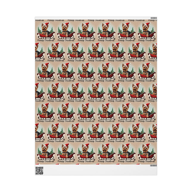 Dog Christmas Wrapping Paper, Yorkshire Terrier Sled Xmas Wrap, Santa Hat Yorkie Gift Wrap, Holiday Gift Wrap Roll