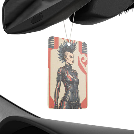 Futuristic Rebel Mohawk Girl Car Air Freshener, Leather Clad Sexy Woman Scented Gift, Neo Future Cyber Punk Outlaw Truck Auto Accessory