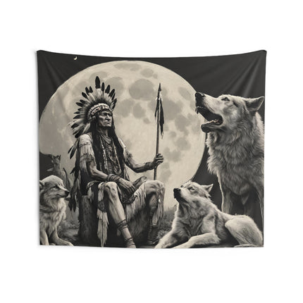 Indian Chief Wall Decor | Full Moon Night Sky Alpha Wolf Mountain Tapestry | Tribal Wolves Gift | Resting Native American Game Room Hanging