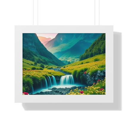 Beautiful Mountain Valley Framed Poster, Waterfall Nature Scene Picture, Flower Blossom Spring Wall Hanging, Flowing River Office Scenery