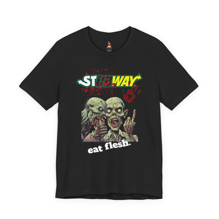 STUBWAY EAT FLESH Zombie Eating T-Shirt - Funny Subway Parody Horror Tee