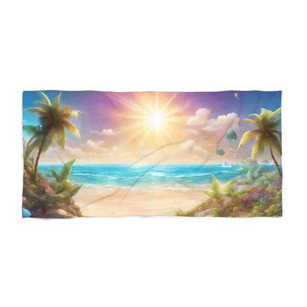 Majestic Sky Hidden Island Seashore Beach Towel | Mystic Ocean Getaway Swimming Pool Blanket | Poolside Sand & Water Deck Tanning Sunbather