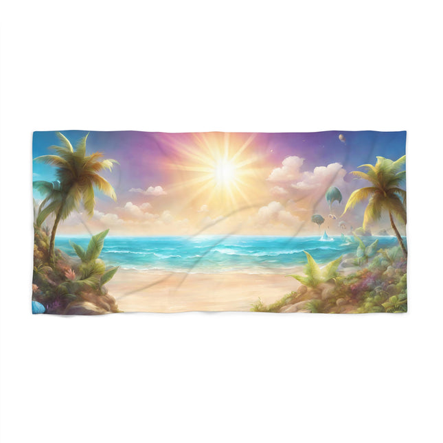 Majestic Sky Hidden Island Seashore Beach Towel | Mystic Ocean Getaway Swimming Pool Blanket | Poolside Sand & Water Deck Tanning Sunbather