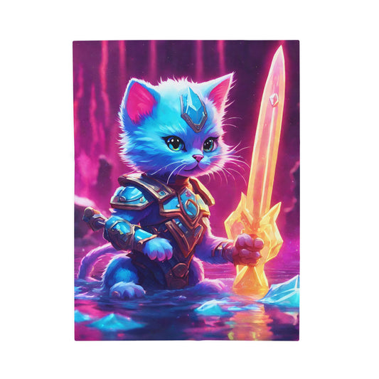 Warrior Cat Crystal Sword Blanket, Glowing Neon Cave Plush Sheet Blanket, Armored Kitten Bed Cover, Shielded Mystic Blade Bedroom Throw