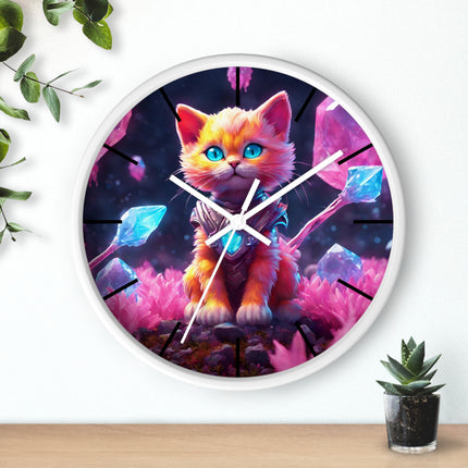 COSMIC CRYSTAL GUARDIAN CAT Wall Clock - Fantasy Feline Galaxy Decor