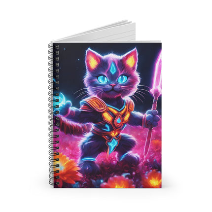 Neon Glowing Warrior Cat Spiral Notebook, Girls Lush Flower School Notepad, Armored Kitten with Spear, Cosmic Space Spiral Journal