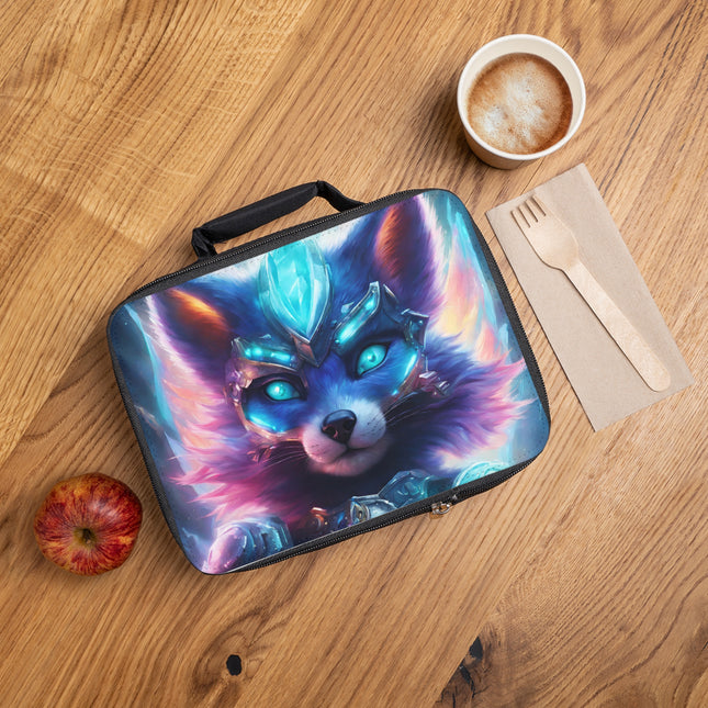 Neon Crystal Violet Cybernetic Fox Lunch Bag Box, Glowing Crystal Plated Armor School Tote, Armored Cosmic Fiery Spark Fur Insulated Bag