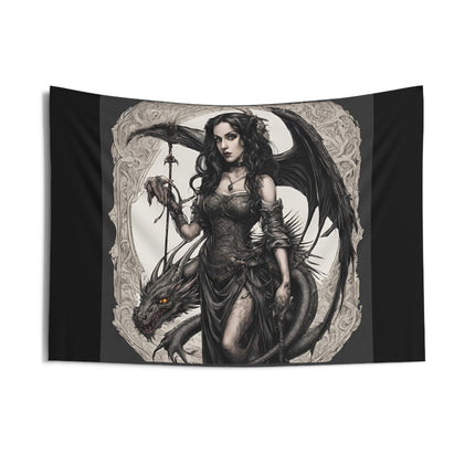 Evil Serpent Dragon Tapestry, Gorgeous Beast Wall Hanging, Winged Morphing Gothic Woman, Medieval Keeper Shapeshifter Tapestry