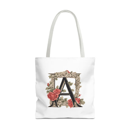 Custom Letter Personalized Tote | Rose Flowered Grocery Travel Bag | Floral Print Roses Office Laptop & Books or Exercise Overnight Carrier