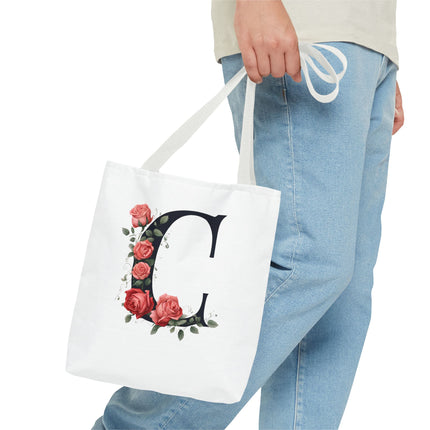 Custom Letter Personalized Tote | Rose Flowered Grocery Travel Bag | Floral Print Roses Office Laptop & Books or Exercise Overnight Carrier