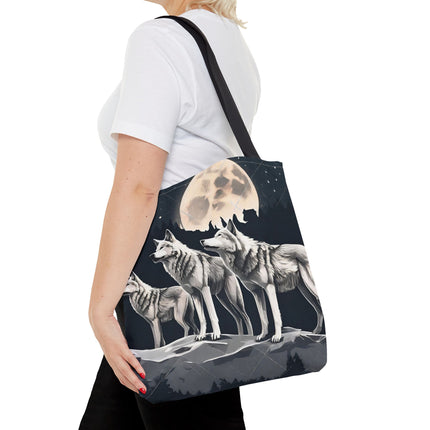 Moon Wolves Tote | Night Sky Mountain Wolf Pack Grocery Bag | Laptop & Book Carrier | Home Office Wooded Wild Dogs Travel Overnight Gift