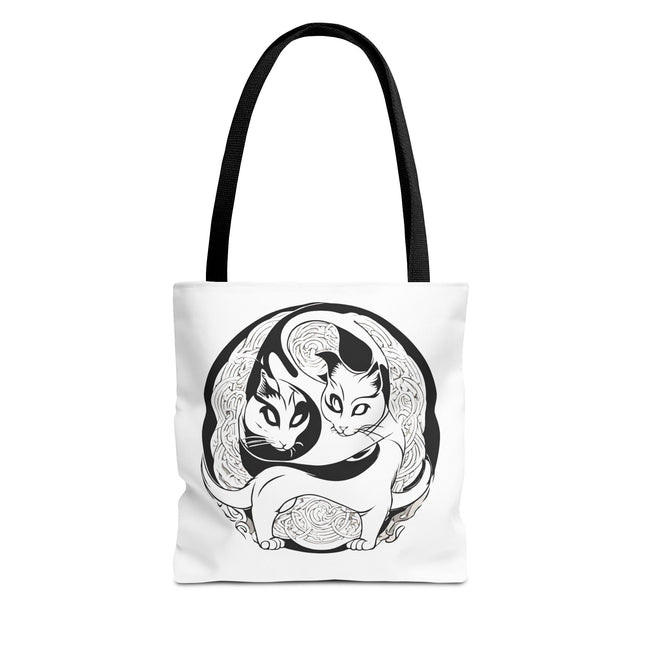 Cat Lovers Tote | Cats Yin Yang Style Grocery Bag | MEOW Chinese Print 2 Sided Office Carry All | School Supplies Kitten Carrier Tote