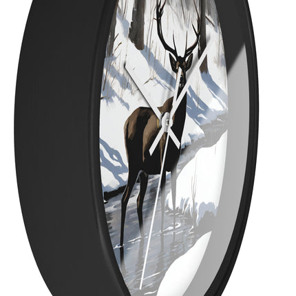 Deer Hunter Wall Art Clock | Winter Creek Big Buck Wall Hanging | Snowy Nature Scenic Home Office Hunting Lovers Gift