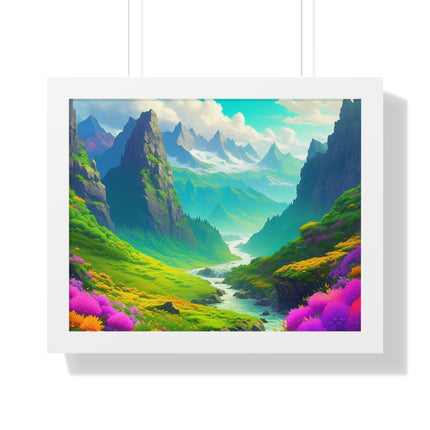 Fantasy Art Flower Mountain Valley, Landscape Framed Poster, Video Game Open World Scene Picture, River Spring Wall Hanging, Office Scenery
