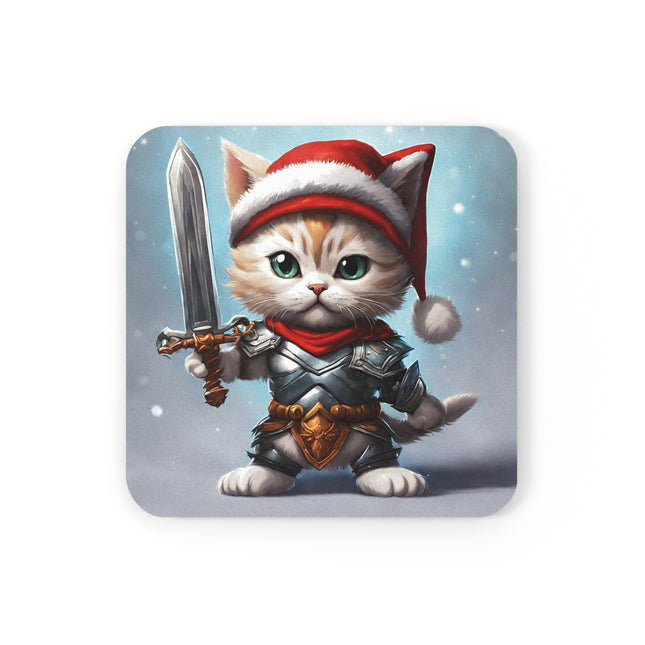 Christmas Drink Coaster Kitten Drink Holder Santa Warrior Kitten Snow Sled Cat Lover Cork Coaster