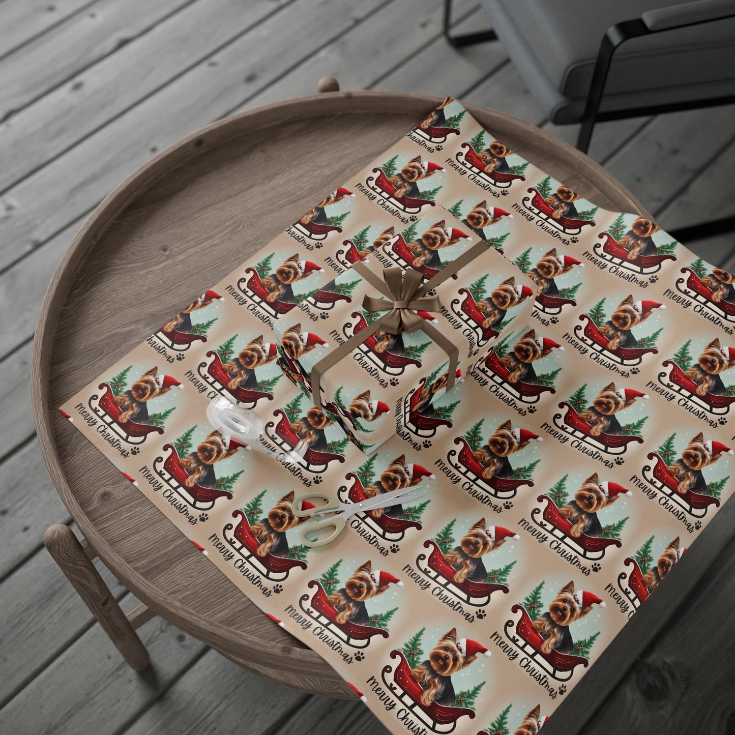Dog Christmas Wrapping Paper, Yorkshire Terrier Sled Xmas Wrap, Santa Hat Yorkie Gift Wrap, Holiday Gift Wrap Roll