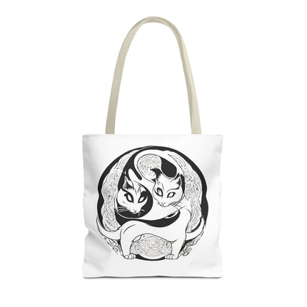 Cat Lovers Tote | Cats Yin Yang Style Grocery Bag | MEOW Chinese Print 2 Sided Office Carry All | School Supplies Kitten Carrier Tote