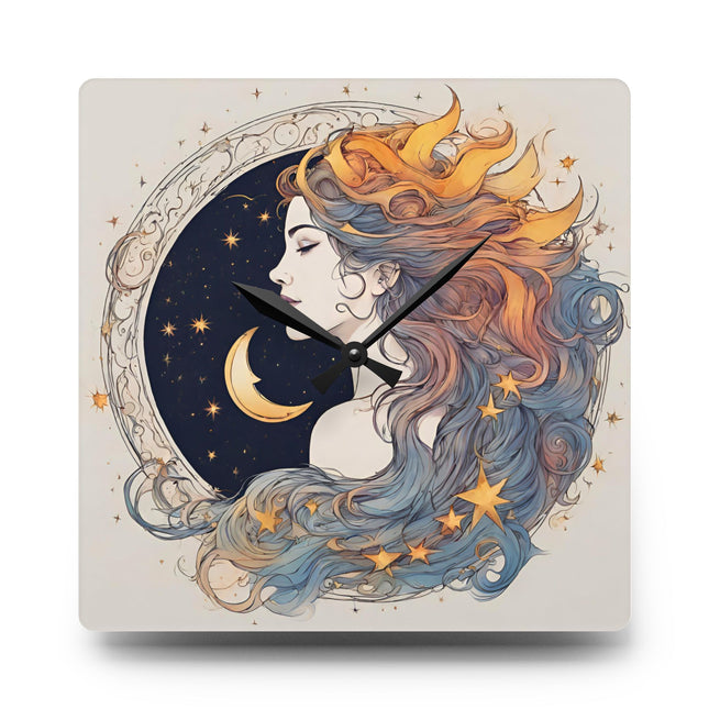Moon Goddess Acrylic Art Clock | Lunar Stars & Space Astronomy Wall Hanging | Astrology Woman Home Office Solar System Wall Decor Gift