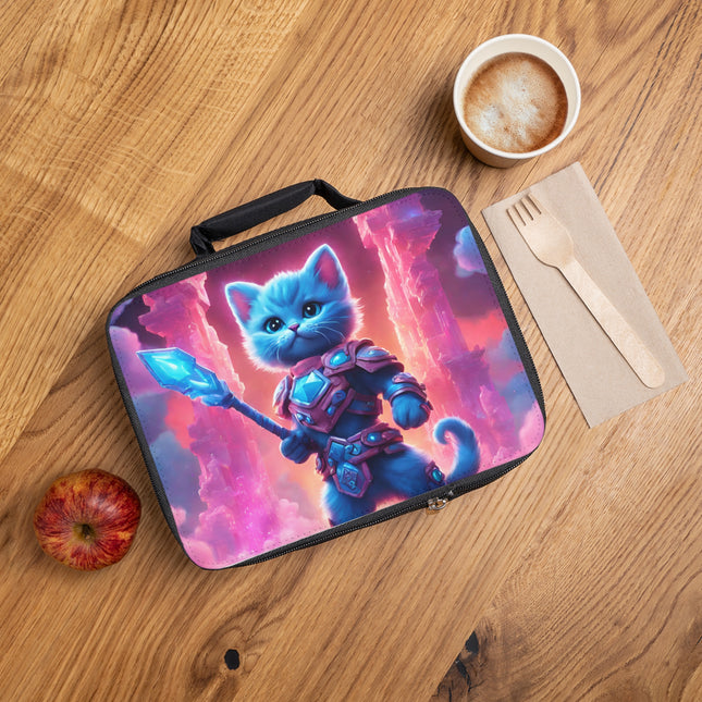 Neon Aqua Blue Warrior Cat Lunch Bag Box, Lush Crystal Tower Cloud Cliffs Feline School Tote, Armored Cosmic Furry Kitten Insulated Bag