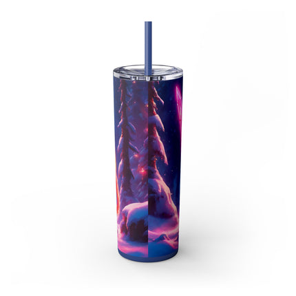 COSMIC NEON WARRIOR CAT Skinny Tumbler - Pink Glowing Sword Snow Kitten Cup