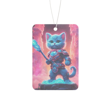 Aqua Blue Fur Warrior Cat Car Air Freshener, Crystal Gem Cloud Tower Feline Scented Gift, Armored Cosmic Furry Kitten Truck Auto Accessory