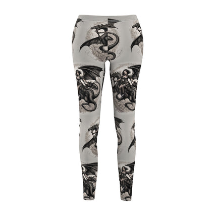 Women's Goth Medieval Dragon Casual Leggings, Reptile Riding Beauty Elastic Bottoms, Tight Black and Beige Cream Pants